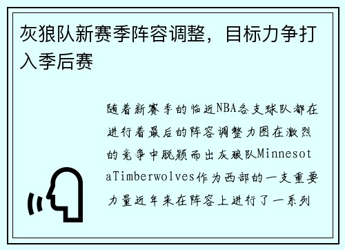 灰狼队新赛季阵容调整，目标力争打入季后赛